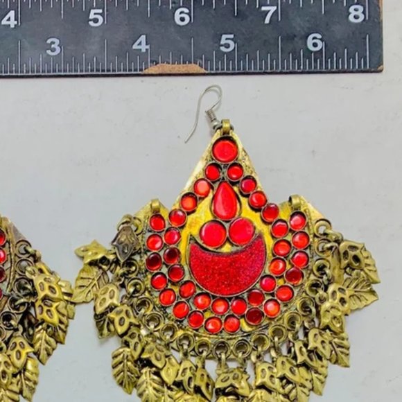 Handmade Afghan Kuchi Earrings: Red Glass Boho Jewelry - Picture 9 of 12